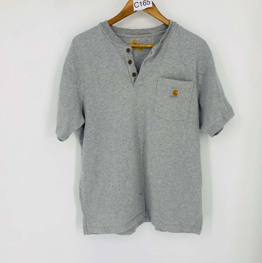 Carhartt Men's Medium Gray Heavyweight Cotton Henley Pocket T Shirt Distressed